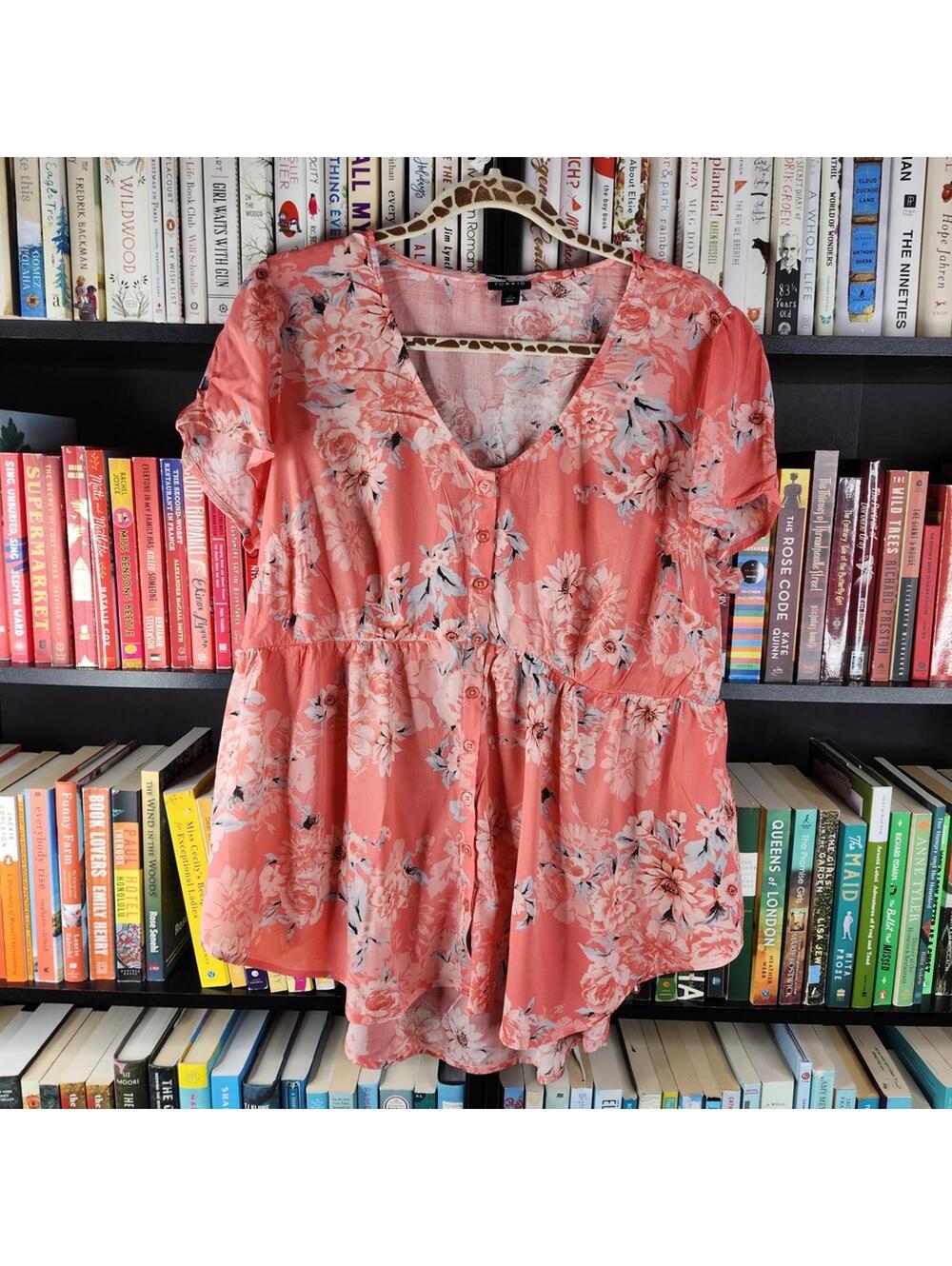 Torrid Coral Floral Blouse Plus Size 0 Pink Short Sleeve Babydoll